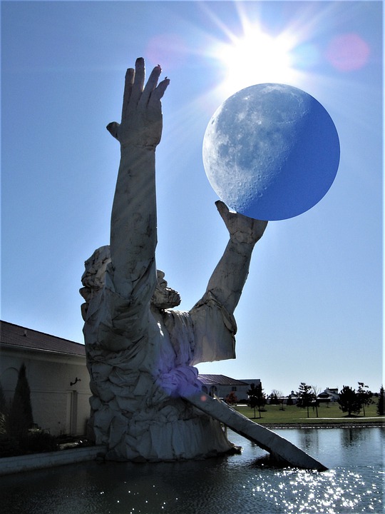 Statue Surreal Large Sun Rays Moon Fantasy Sun